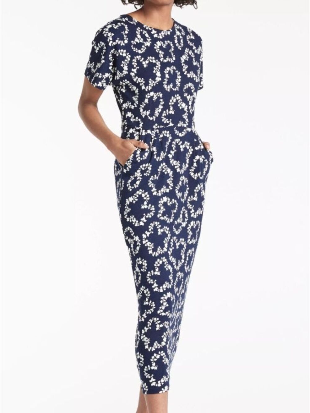 Boden Navy White Floral Jersey Midi Dress 10R